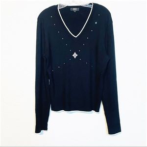 Nils Sportswear Rhinestones Ribbed V Neck Sweater